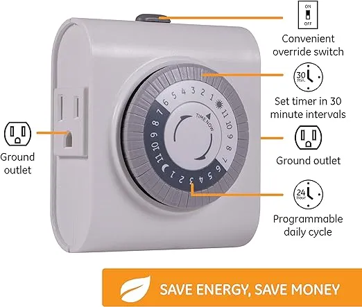GE 24-Hour 2 Grounded Outlets Mechanical Outlet Timer, Timers for Electrical Outlets Indoor, Light Timers Indoor, Daily ON/OFF Cycle, Timer for Lights Inside, Christmas Tree Timer, 3 Pack, 66404