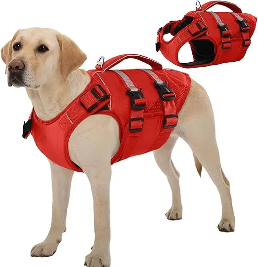 Kuoser Dog Life Jacket, High Flotation Dog Life Vest for Swimming Boating, Adjustable Ripstop Dog Lifesaver for Small Medium and Large Dogs, Reflective Safety Pet Life Preserver with Rescue Handle
