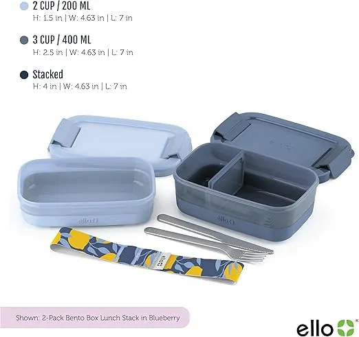 Ello 2-Pack Lunch Stack Plastic Food Storage Container Bento Box with Airtight, Leak-Proof Locking Plastic Lids and Silicone Base, BPA-Free, Freezer, Microwave, and Dishwasher Safe
