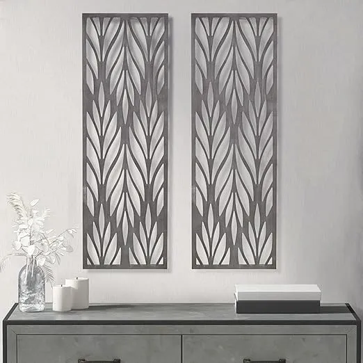 Madison Park Florian Wall Art - Carved Wooden Botanical Leaves Framed, Natural Sheen Finish - Modern Décor for Living Room, Ready to Hang Bedroom Decoration, 12"W x 36"H x 1"D, Reclaimed Grey 2 Piece