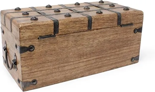 Nautical Cove Treasure Chest Wooden Box with Antique Iron Lock and Skeleton Key - Storage and Decor (Medium 12.5 x 6 x 5.5)