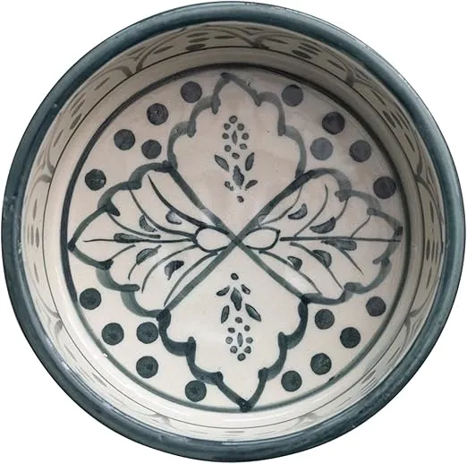 Hand-Painted Stoneware Pet Bowl with Botanical Design, Cream and Blue
