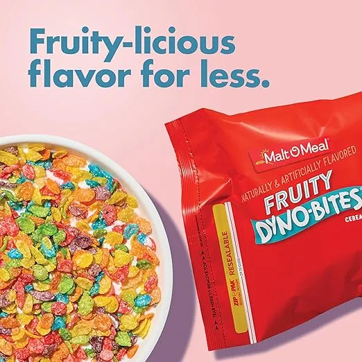 Malt-O-Meal Fruity Dyno Bites Cereal, Gluten Free Breakfast Cereal with Fruity Flavor, Large Cereal for Family, 32 OZ Resealable Cereal Bag