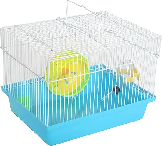 YML Single Story Dwarf Hamster Cage with Small Wheel/Dish and Water Bottle/Plastic Base, Blue, 10.5" x 8" x 7.75"