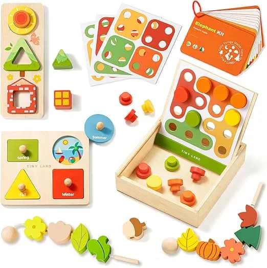 Tiny Land Montessori Toy Set for Babies 18-24 Months - 4-in-1 Wooden Learning Toys with Color Sorting, Lacing Beads, Shape Matching, and Seasons Puzzles