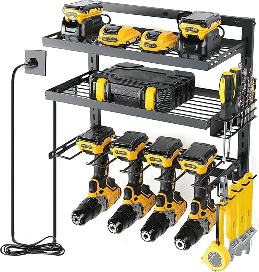 COFIT Power Tool Organizer, Power Drill Tool Holder with Charging Station, Wall Mount Tool Storage Organizer, 3-Tier Adjustable Height Iron Tool Rack for Garage Organization and Workshop