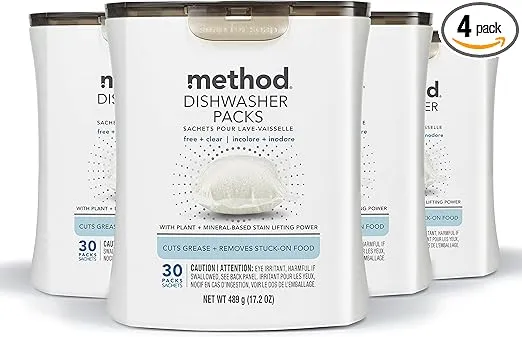 Method Dishwasher Detergent Packs, Fragrance Free + Clear, Dishwashing Rinse Aid to Lift Tough Grease and Stains, 30 Dishwasher Tabs per Package, (Pack of 4)