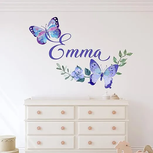 Custom Name Butterfly Wall Decal- Girls Room Wall Decor - WM531. Custom Name Removable Nursery Wall Decal for Girl - Flower Mural Wall Decal for Girls Bedroom
