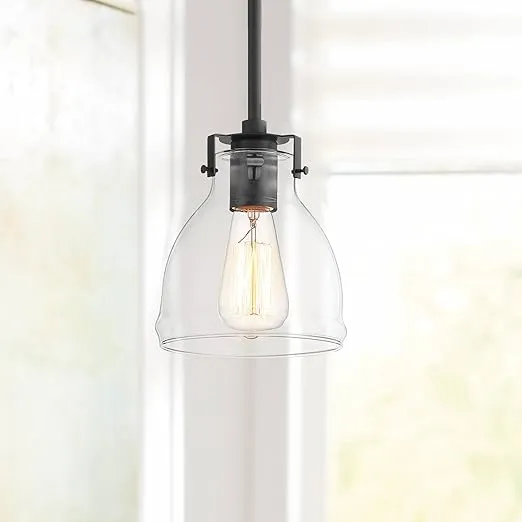 Possini Euro Design Bellis Black Mini Pendant Lighting 6" Wide Farmhouse Industrial Rustic Clear Glass Bell Shade Fixture for Dining Room Living House Home Kitchen Island Entryway High Ceilings