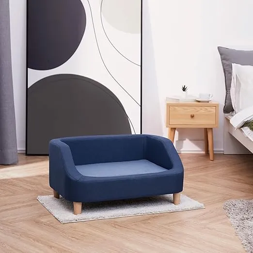 Teamson Pets Bennett 30 Inch Raised Heathered Linen Sofa Dog Daybed with Removable Cushion and Washable Cover for Cats & Small or Medium Dogs, Navy