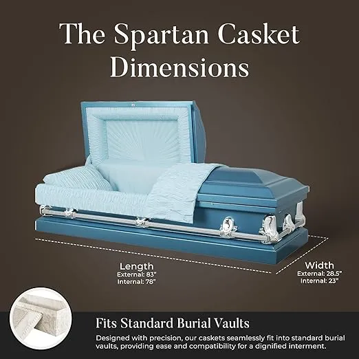 Overnight Caskets Spartan Collection Funeral Casket Blue with Light Blue Interior - 20 Gauge Steel - Fully Appointed Adult Casket - Coffin Featuring a Crepe Interior Lining w/Pillow & Throw Set
