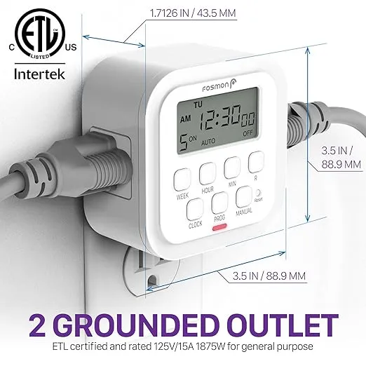 Fosmon 7 Day Programmable Digital Timer for Electrical Outlets, Indoor Plug-in Light Timer Switch, Grow Light Timer 15A/1875W, Electric Wall Timer for Lamp, Aquarium, Reptile Lights, Grounded- 2 Pack