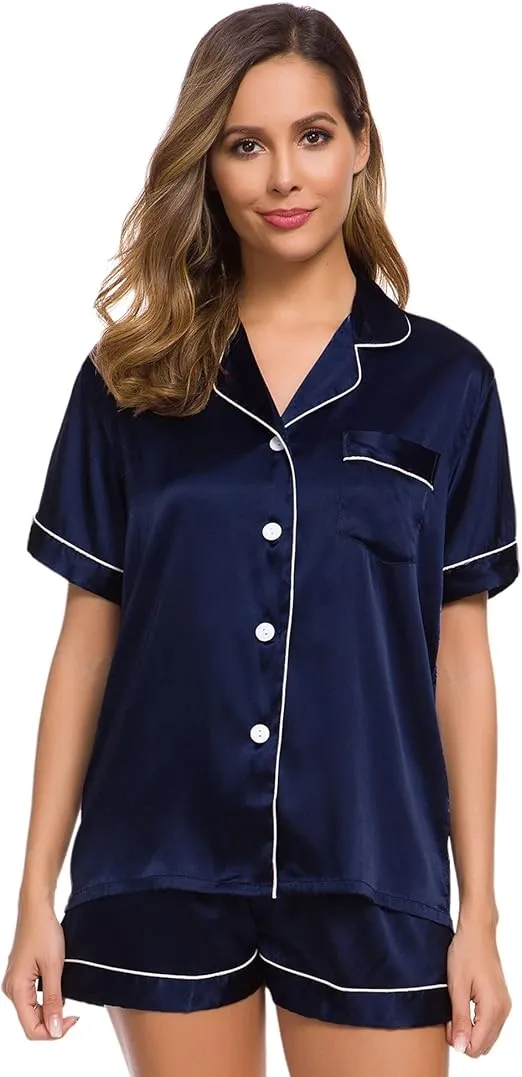 SWOMOG Womens Silk Satin Pajamas Set Short Sleeve Sleepwear Button Down Top and Shorts Loungewear 2 Piece Pjs Set XS-3XL