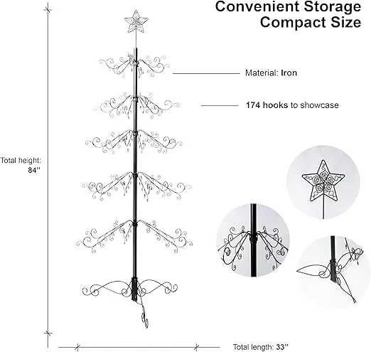 HOHIYA 7 Ft Wrought Iron Christmas Tree Ornament Display Stand Metal Holder Hanger Wire Hanging for Halloween Glass Balls Decorations Gift 174 Hooks Black Taiwan Made