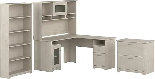 Bush Furniture L Shaped Desk with Hutch, 5 Shelf Bookcase and Lateral File Cabinet | Cabot Collection Corner Computer Table with Storage and Bookshelf | 60Wx23DX37W