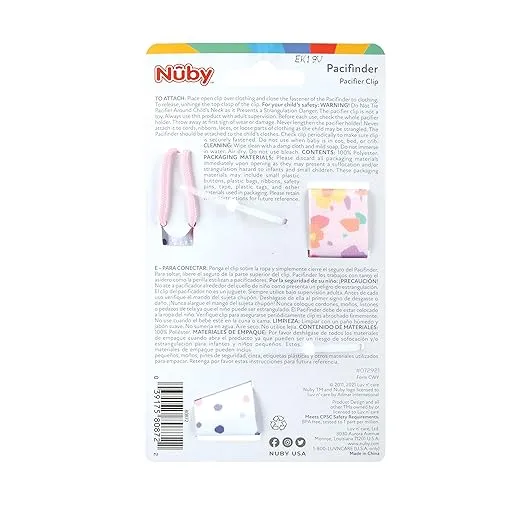 Nuby Pacifinder Baby Pacifier Clip - (2-Pack) - Pacifier Holder Clip with Convenient Hook Loop - Flowers and Polka Dots