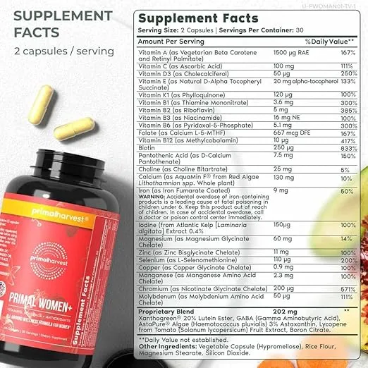 Primal Harvest Multivitamin for Women Vitamin A, Vitamin C, Vitamin D and E, Vitamin B12, B6, Biotin, Zinc Supplements, 30 Capsules (Womens 1 Pack)