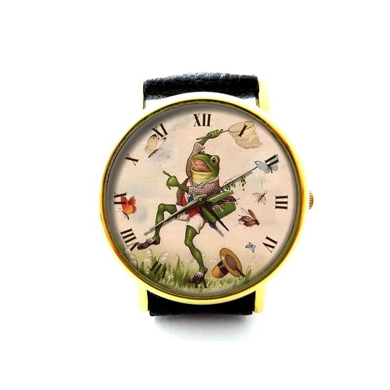 Frog Catch Butterflies Leather Watch, Frog Ladies Watch, Unisex Watch, Funny Frog Jewelry P530