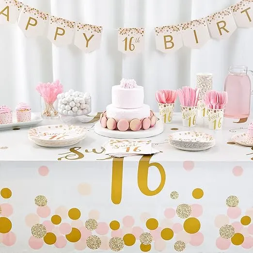 BLUE PANDA 170-Piece Rose Gold Sweet 16 Birthday Decorations for Girls, Disposable Dinnerware Set with Table Cover and Banner (Serves 24)