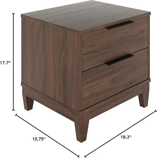 Boyd Sleep Bedroom Nightstand Bedside Table: Mackay Two Drawer Storage with Leg Base, Walnut