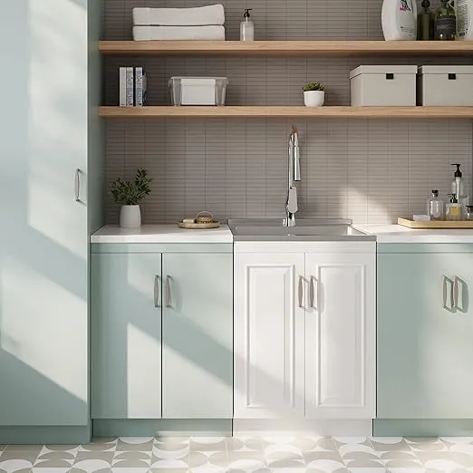 SIMPLIHOME Darwin Utility Sink & Cabinet in Pure White, 24-inch Laundry Cabinet with Pull-out Faucet, Stainless Steel Sink, Shaker-Style Doors, for Laundry Room