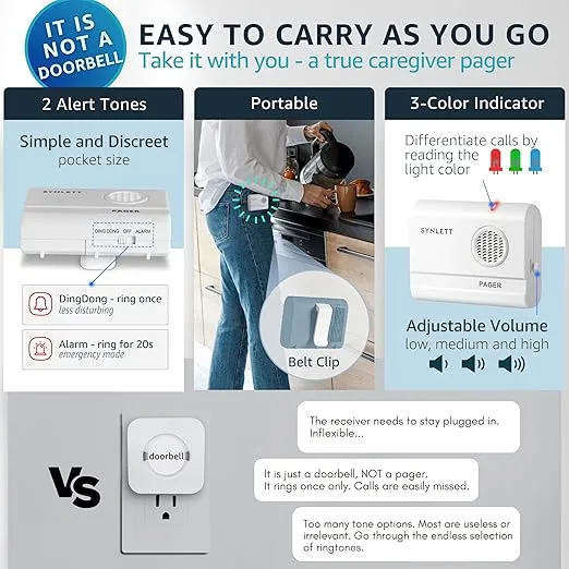 Caregiver Pager Wireless Call Buttons for Elderly Monitoring SOS Alert System Portable Alarm for Nurse Call Seniors Patients Emergency Home
