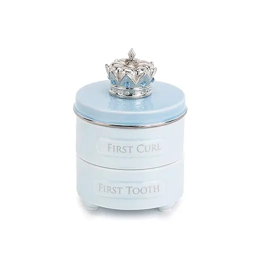 First Tooth and Curl Soft Blue 4 x 3 Ceramic and Pewter Baby Keepsake Box, 1 Count (Pack of 1)
