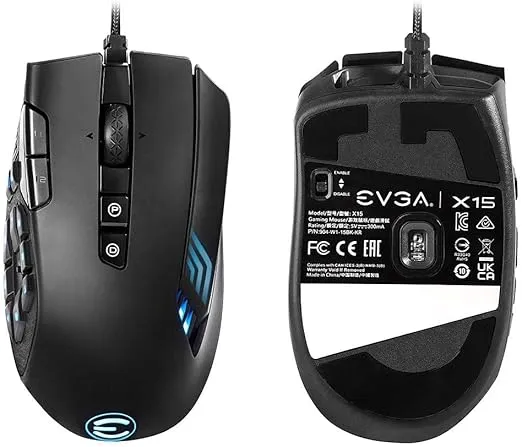 EVGA X15 MMO Gaming Mouse, 8k, Wired, Black, Customizable, 16,000 DPI, 5 Profiles, 20 Buttons, Ergonomic 904-W1-15BK-KR