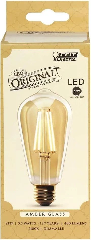 Feit Electric Vintage Exposed Filament Amber Glass LED ST19 with a Medium E26 Base Light Bulb - 60W Equivalent - 10 Year Life - 400 Lumen - 2100K Soft White - Dimmable | Original Vintage