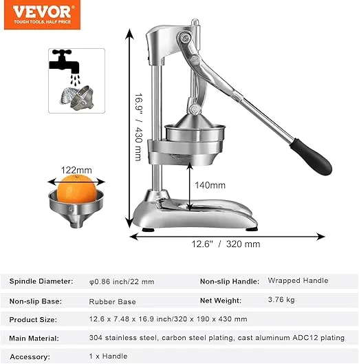 VEVOR Citrus Juice Press, Hand Press Orange Juicer Press, Commercial Grade Manual Citrus Juicer Lemon Squeezer, Easy-to-Clean Fruit Press Juicer for Lemon Pomegranate Orange Juice