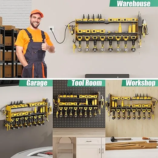 Suchtale Power Tool Organizer with Charging Station,33.2"Garage 8 Drill Holders Wall Mount,3 Layers Heavy Duty Metal Tool Shelf with 8 Outlets Power Strip,Utility Rack for Screwdriver Pegboard,Yellow