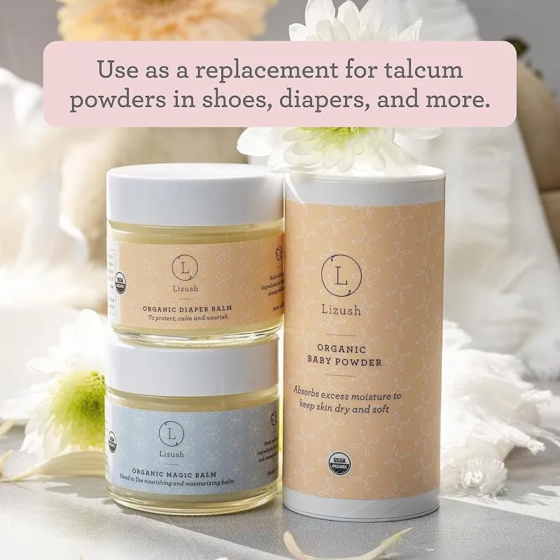 Lizush Organic Baby Powder - 3 oz. Talc Free Soothing Arrowroot, Calendula, and Cornstarch Baby Powder for Newborn, Babies, and Toddlers