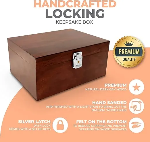 Blake & Lake Locking Wood Storage Box - Decorative box for Home or Office - Wooden Box with Hinged Lid Keepsake Box with Lock Oak Box for Home (Dark Oak)