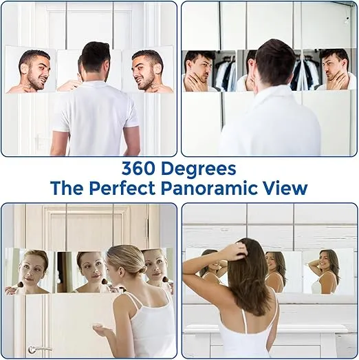 360 Trifold Mirror with Height Adjustable Telescoping Hooks, Includes Black Dual-Purpose Styling Comb - Ideal for Self Hair Cutting, Makeup - Essential for Travel, Bedroom, Bathroom (White)