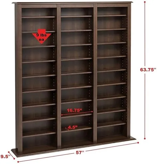 Atlin Designs 64" H Modern Engineered Wood Triple Media Storage Rack, Incredible Quality, for Home Decor, in Espresso Finish