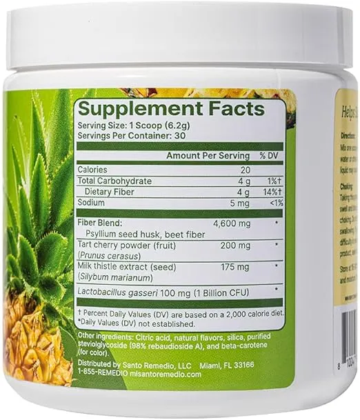 Santo Remedio Colon Plus, Colon Cleanser, Dietary Psyllium Husk Fiber and Probiotics Supplement, 30 Servings, Pineapple Flavor