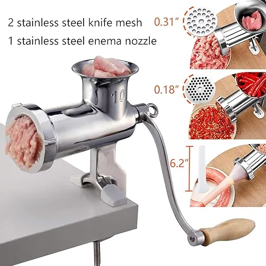 CAM2 304 Stainless Steel Heavy Duty Manual Meat Grinder #10 Clamp-on Hand Grinder With 420 Stainless Steel Blade (10#)