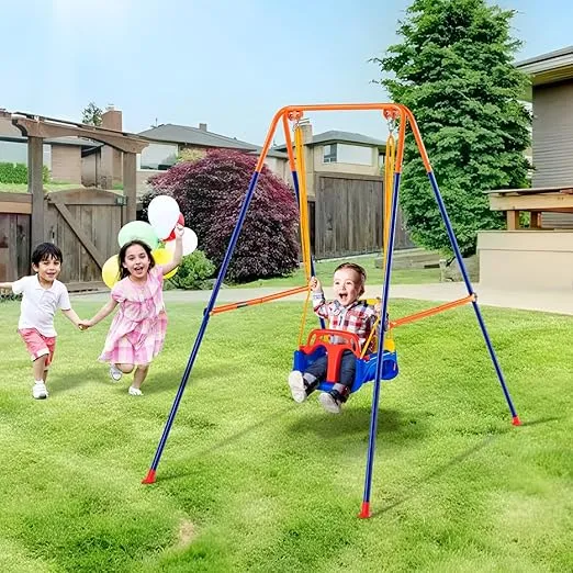VEVOR Swing Sets for Backyard, 3-in-1 Toddler Swing Set with 4 Sandbags, Foldable Metal Stand, Easy to Assemble, Swingset Indoor/Outdoor for Kids 3-6 Years, Youth 6-10 Years and Teenagers 10+