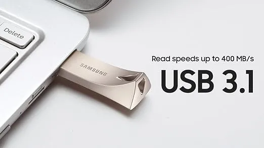 SAMSUNG BAR Plus 3.1 USB Flash Drive, 128GB, 400MB/s, Rugged Metal Casing, Storage Expansion for Photos, Videos, Music, Files, MUF-128BE3/AM, Champagne Silver