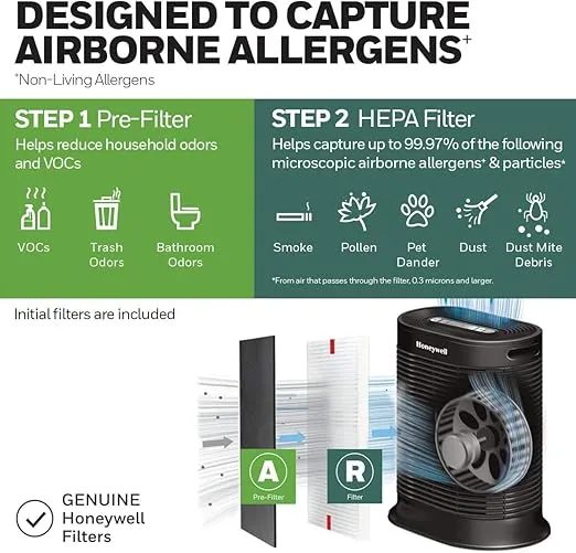 Honeywell AllergenPlus HEPA Air Purifier, Airborne Allergen Reducer for Large Rooms, Reduces Allergens, Smoke, Wildfire Smoke, Pollen, Pet Dander and More, Black, HPA200