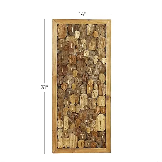 Deco 79 Teak Wood Abstract Handmade Home Wall Decor Carved Faces Wall Sculpture, Wall Art 14" x 1" x 31", Brown