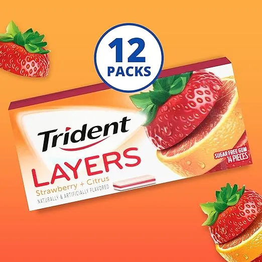 Trident Layers Strawberry & Citrus Sugar Free Gum, 12 Packs of 14 Pieces (168 Total Pieces)