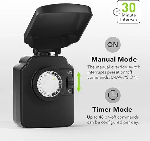 BN-LINK 24-Hour Mechanical Outdoor Light Timer, Outdoor Timer Waterproof, 1 Grounded Timer Outlet for Home and Garden, 15A 1/2HP, Heavy Duty