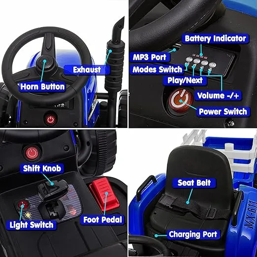 sopbost 12V 7Ah Electric Ride on Tractor with Remote Control Ride on Toys for Kids, 2+1 Shift Knob Stick, Trailer, Simulation Horn Button, 7-LED Headlight, MP3 Player, Blue