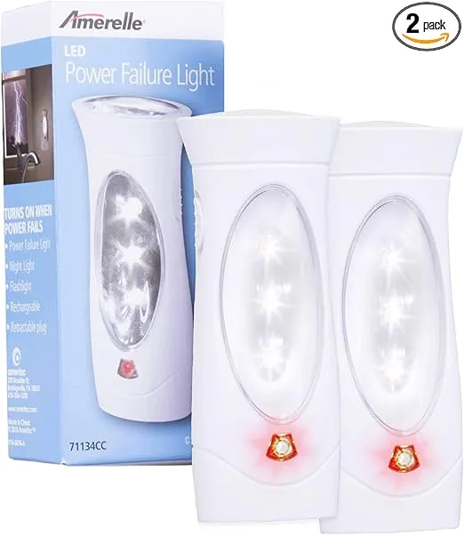 Amerelle LED Emergency Lights For Home Power Failure, 2 Pack – Triple Function Power Failure Light and Plug In Flashlight Combo, With Rechargeable Battery – Be Snow Storm & Hurricane Ready (71134)