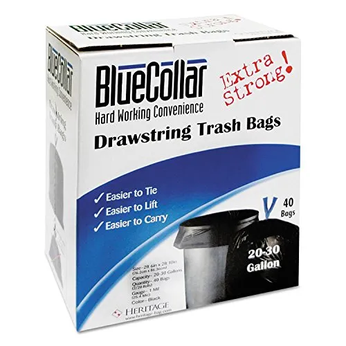 BlueCollar N6034YKRC1 Drawstring Trash Bags, 20-30gal, 1mil, 30 x 34, Black (Box of 40)