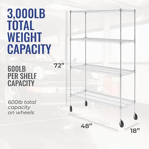SafeRacks - NSF Certified Storage Shelves, Zinc, Heavy Duty Steel Wire Unit with Wheels and Adjustable Feet, Garage or Bakers Rack, Kitchen, Pantry Shelf - (18"x48"x72" 4-Tier) (Silver)