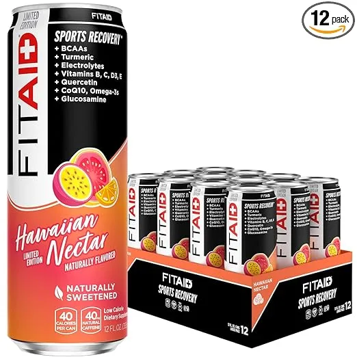 FITAID Post Workout Recovery Drink, Hawaiian Nectar, Passion Fruit, Orange & Guava, BCAAs, Glucosamine, Electrolytes, 40 Calories, 12 Fl Oz (Pack of 12)