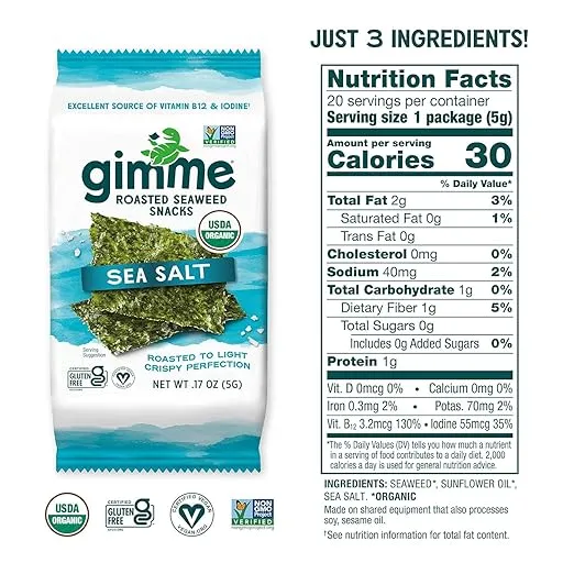 Gimme Seaweed - Sea Salt - 20 Count - Organic Roasted Seaweed Sheets - Keto, Vegan, Gluten Free - Great Source of Iodine & Omega 3’s - Healthy On-The-Go Snack for Kids & Adults