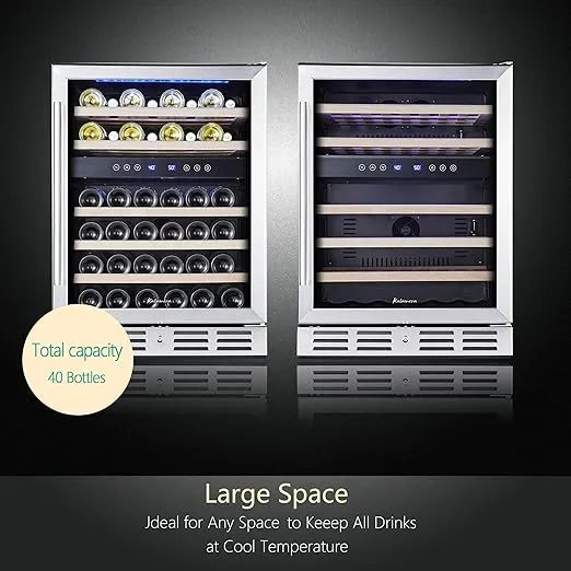 Kalamera 24 inch Wine Cooler, 46 Bottle - Dual Zone Built-in or Freestanding Fridge with Stainless Steel Reversible Glass Door, for Home, Kitchen, or Office.